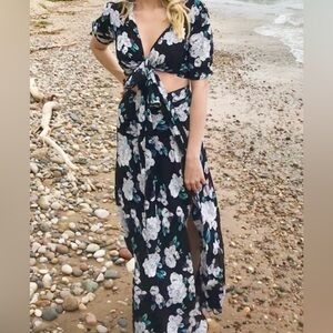Flynn Skye Black & White Floral Wrap Top & Maxi Skirt Set Festival Size S & M